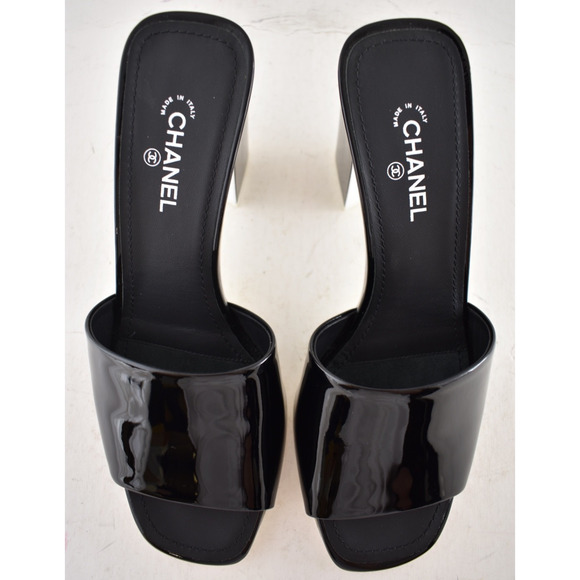 Chanel 22C Black Patent Calf White CC Logo Mule Slide Block Heel Sandal 36.5 - Picture 7 of 12